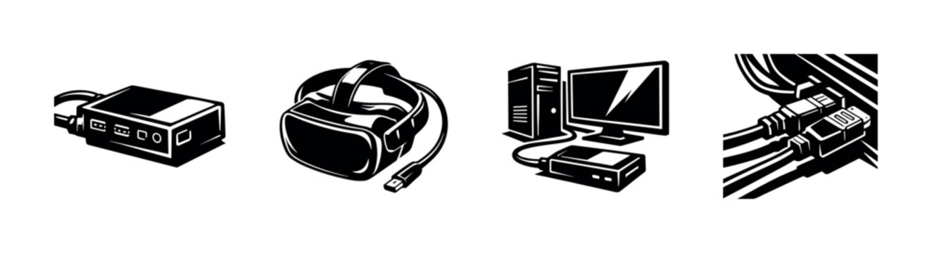 Black and white vector illustrations of vr headset, network cables, raspberry pi, and computer setup