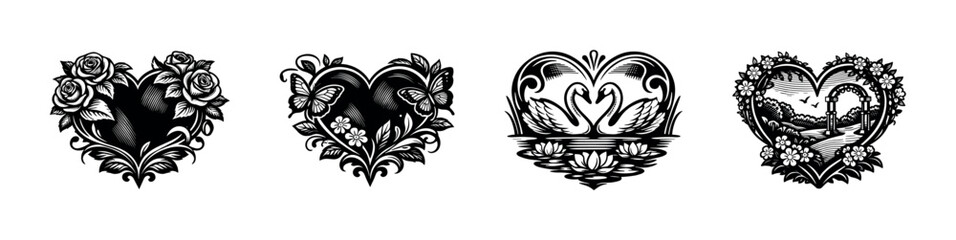 Romantic heart designs featuring roses, landscape, floral elements, butterflies, and swans in black and white vector artwork © UnIcons