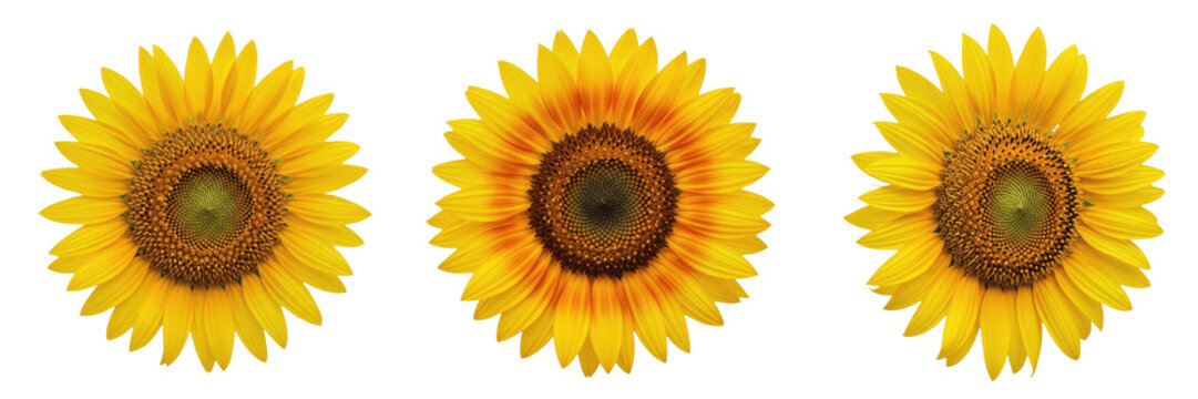 Set and collection of large yellow sunflower head isolated on white transparent png background