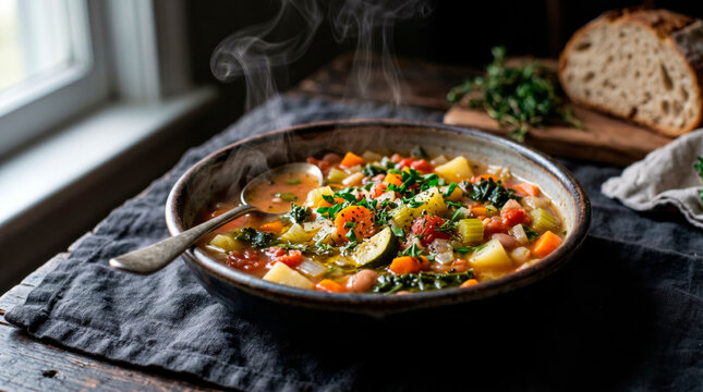 A steaming bowl of hearty vegetable soup garnished with fresh herbs served on a rustic wooden table