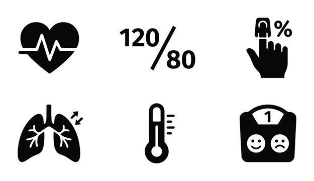 Medical health vitals icon set, black solid glyph symbols for blood pressure and heart rate, 6 vector elements for healthcare monitoring apps