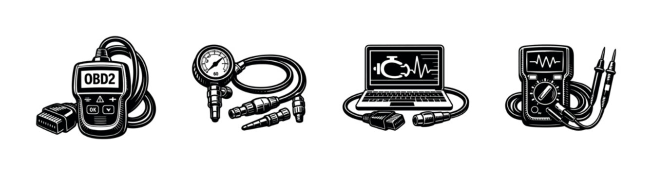 Automotive diagnostic tools illustration, obd2 scanner and multimeter, vector black and white elements