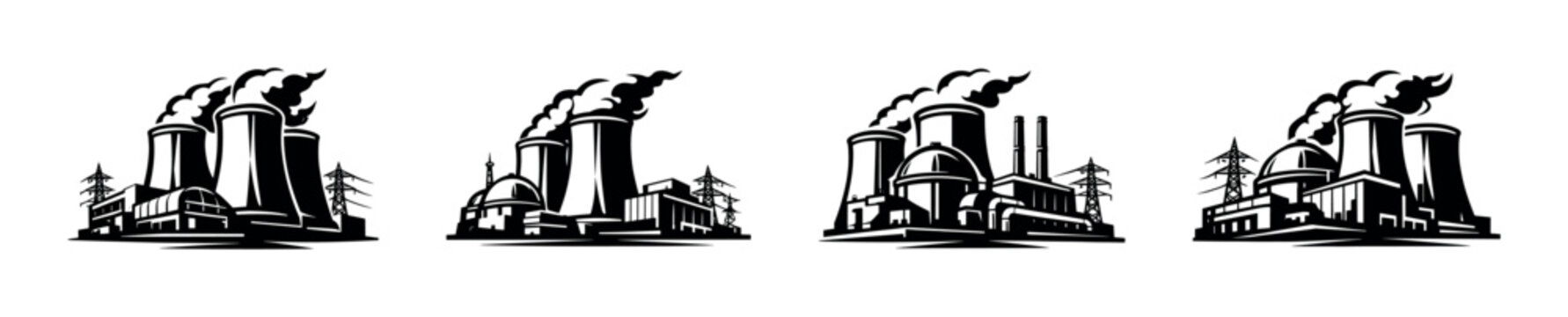 Industrial power plant silhouette vector illustration set featuring factories and chimneys
