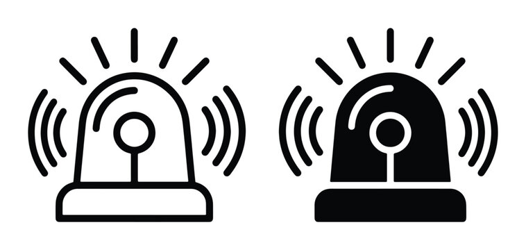 Emergency siren icons in outline and glyph styles, flashing police light symbols, warning alarm signal vector set for security and safety alerts