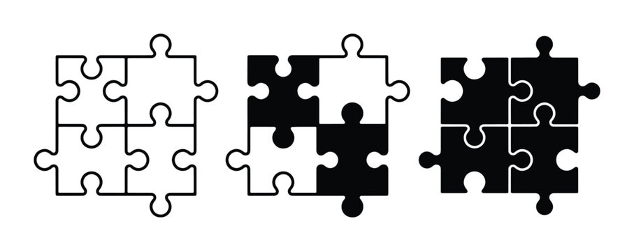 Jigsaw puzzle pieces icon set, black and white interlocking puzzle vector elements, four piece square puzzle grid for business strategy and teamwork