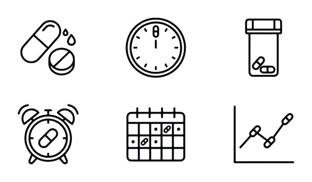 Medical pill and medication schedule icons, 6 outline vector elements for healthcare tracking, pharmacy prescription and drug dosage symbols