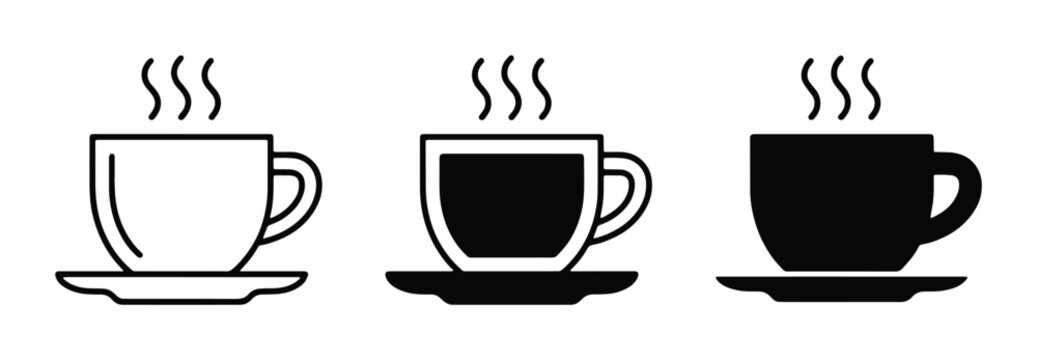 Minimalist coffee cup icon set, black and white steaming tea mug vector collection, simple hot beverage symbols for cafe menu and web design