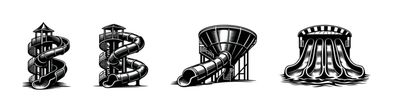 Monochrome water slide illustrations set, amusement park attraction, vector silhouette elements