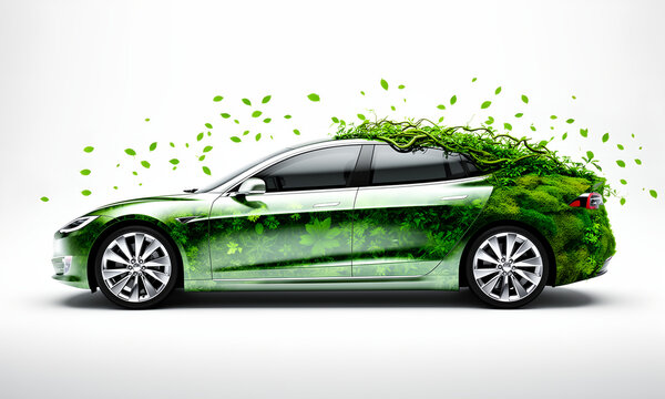 Silver electric vehicle covered in green leaves and vines illustrating eco-friendly sustainable transport technology