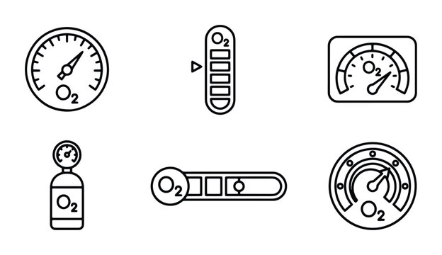 Oxygen sensor line icon set, medical O2 gas tank and pressure gauge vector icons, industrial oxygen level meter and regulator symbols
