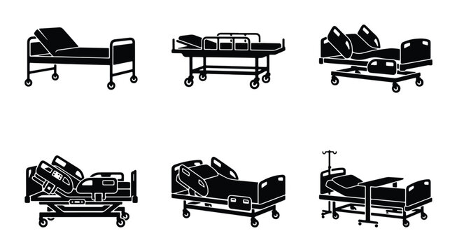 Hospital bed icons set, medical clinic furniture collection, adjustable patient gurney and stretcher silhouettes, 6 vector healthcare equipment symbols
