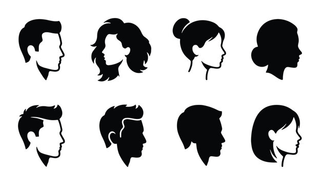 Minimalist profile silhouette icons, set of 8 male and female head avatars, black side view human face portraits, vector people hair style symbols
