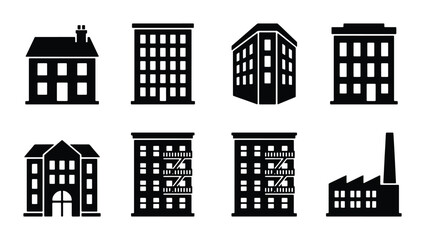 Fototapeta premium Minimalist building icon set, black silhouette city architecture vectors, 8 urban residential and industrial property symbols for real estate maps