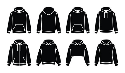 Black hoodie vector icons set, minimalist sweatshirt apparel mockups, flat clothing silhouettes for fashion design and streetwear branding, 8 vector elements © Sohel