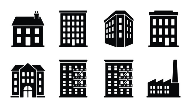 Minimalist building icon set, black silhouette city architecture vectors, 8 urban residential and industrial property symbols for real estate maps