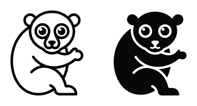 Minimalist slow loris vector icons, cute primate character set in line art and solid black styles, exotic nocturnal animal illustrations for logos
