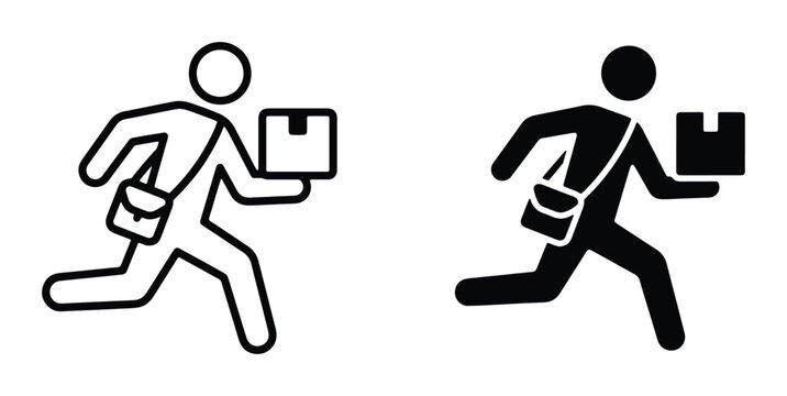 Delivery courier running with package icons, fast shipping service symbols, black outline and solid silhouette vector set for logistics and mail tracking