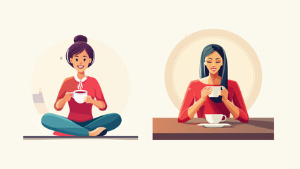 Obraz premium Two women enjoying a hot beverage in a relaxed setting, one with a laptop and the other at a table