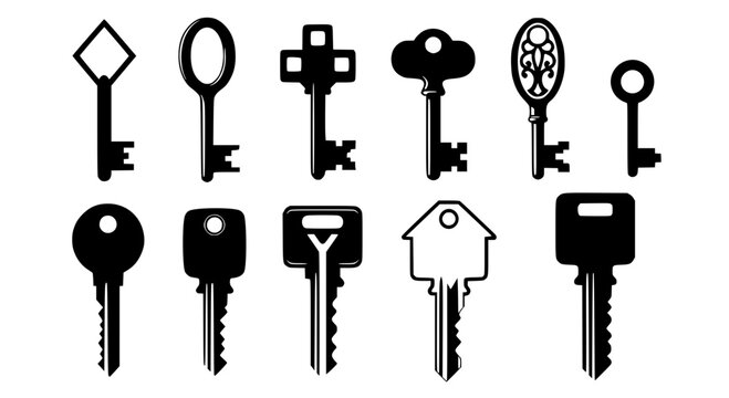 A set of 11 isolated key vector silhouettes, old and new. Transparent SVG version.