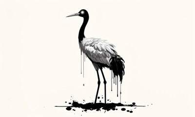 Obraz premium Artistic monochrome illustration of a stylized crane with dripping ink and glowing eye on white background