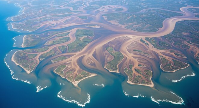 Expansive river delta system branching into the ocean under a clear sky