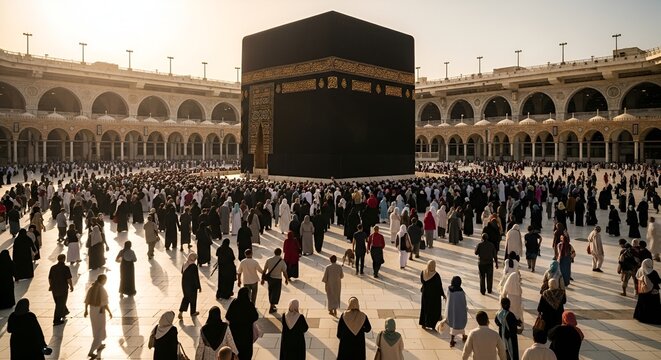 Mecca Kaaba Pilgrimage: Crowds circumambulate holy cube during sunset in Saudi Arabia.