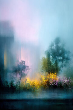 A soft, impressionistic watercolor painting of a dreamy landscape featuring trees shrouded in fog, delicate light effects, and a textured, ethereal atmosphere.