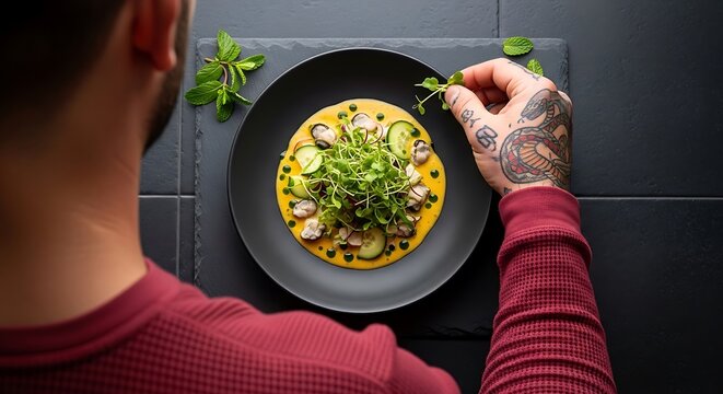 Modern kitchen: person garnishing homemade vegan buddha bowl with fresh microgreens