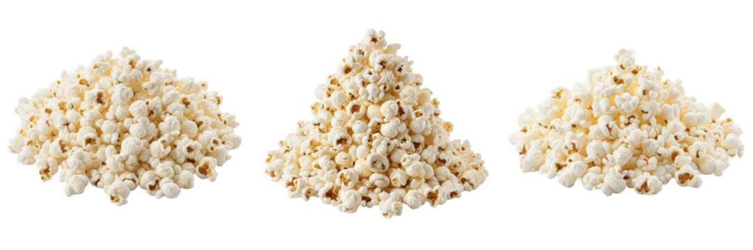 Set and collection of white popcorn pile isolated on white transparent png background