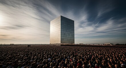 Fototapeta premium Massive Crowd Gathered Before Giant Reflective Cube Structure Under Dramatic Sky