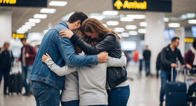Family Hugging at Airport Arrivals Gate, Emotional Reunion After Travel