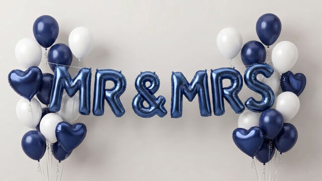 Elegant wedding celebration background featuring blue foil balloons forming MR MRS text