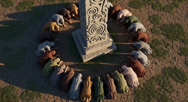 Ancient Ritual: People in Circle Praying to Stone Monument