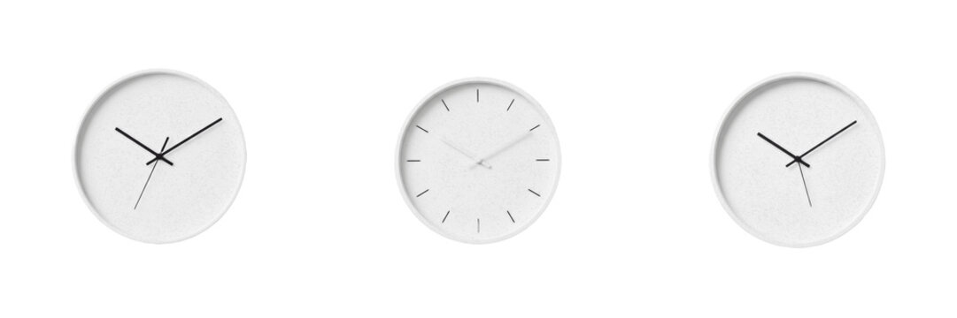 Set and collection of round analog wall clock isolated on white transparent png background