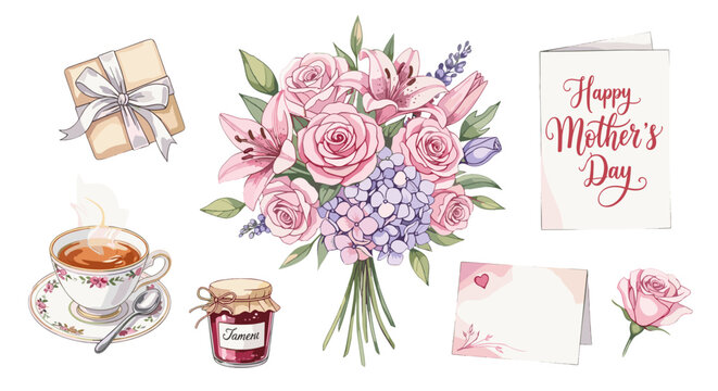 Mothers day floral bouquet with gifts and greeting card