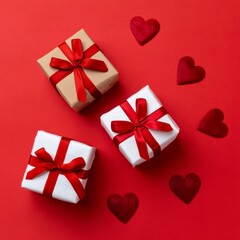 Fototapeta premium Celebrate With Wrapped Gifts on a Red Background During Valentines Season