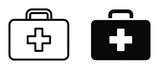 Fototapeta premium Medical first aid kit icons, black outline and solid emergency bag symbols, healthcare equipment vector set for hospital and safety apps