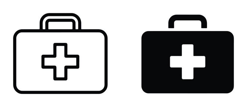 Medical first aid kit icons, black outline and solid emergency bag symbols, healthcare equipment vector set for hospital and safety apps