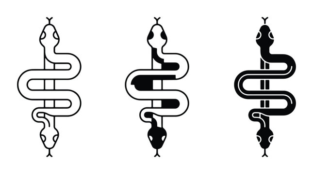 Minimalist snake icons in black and white, geometric serpent vector set, modern reptile line art illustrations for tattoo design and branding