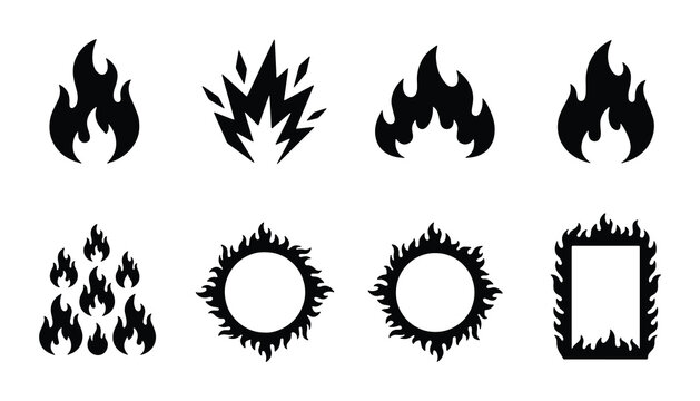 Black fire flame silhouette icons, set of 8 vector bonfire and blaze symbols, minimalist burning heat shapes and flaming frames for logo design