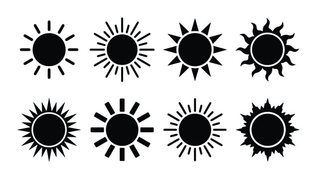 Minimalist sun icon set with 8 black vector silhouettes, geometric solar symbols for weather forecasting, flat sunburst graphic elements for summer branding
