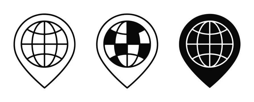 Global location pin icons set, world map pointer symbols in black and white, 3 vector globe map markers for navigation and travel apps