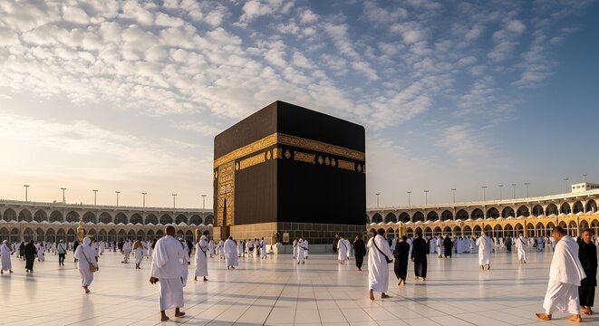 Pilgrims in Ihram Circumambulating the Kaaba at Masjid al-Haram, Mecca