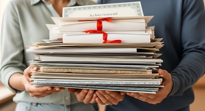 Couple holding stack of achievements, diplomas, certificates and awards with red ribbon