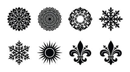 Vintage ornamental vector set with 8 black icons, classic fleur de lis symbols and mandala patterns, decorative snowflake and sunburst elements © Foysal