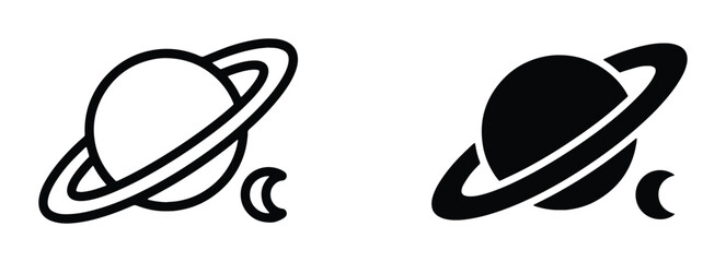 Minimalist Saturn planet icons, black celestial vector set with rings and moon, simple astronomy symbols for science education and web design © Promi