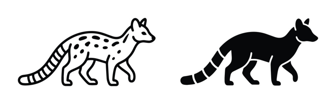 Civet cat vector icons, wild african civet line art and silhouette set, exotic spotted mammal graphics for wildlife education and logo design