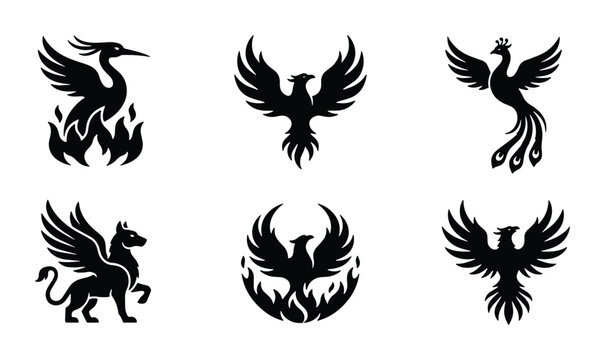 Mythical phoenix bird silhouettes set, black firebird and griffin icons, 6 vector mythological creature illustrations for logo design and branding