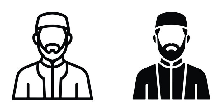 Muslim man avatar icons, Islamic male character with beard and kufi cap, religious person vector set, black and white profile symbols for web design