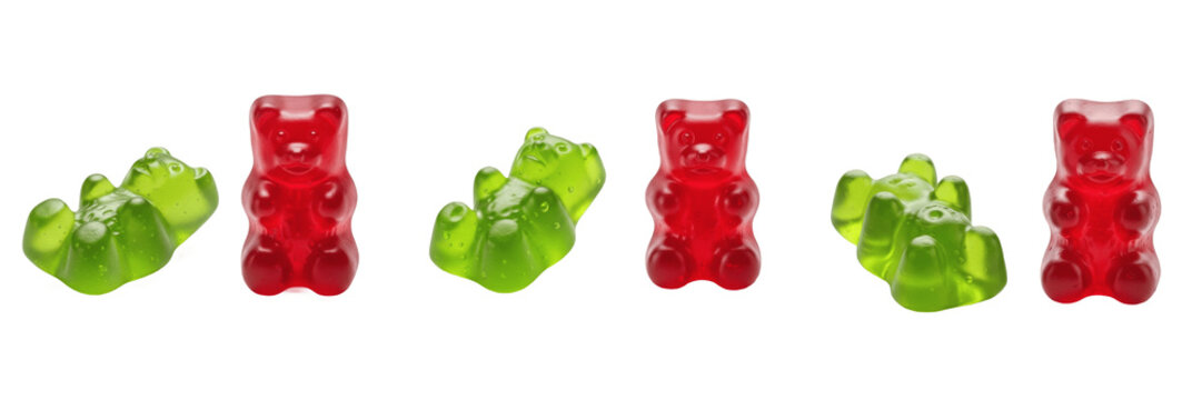 Set and collection of green and red gummy bears isolated on white transparent png background